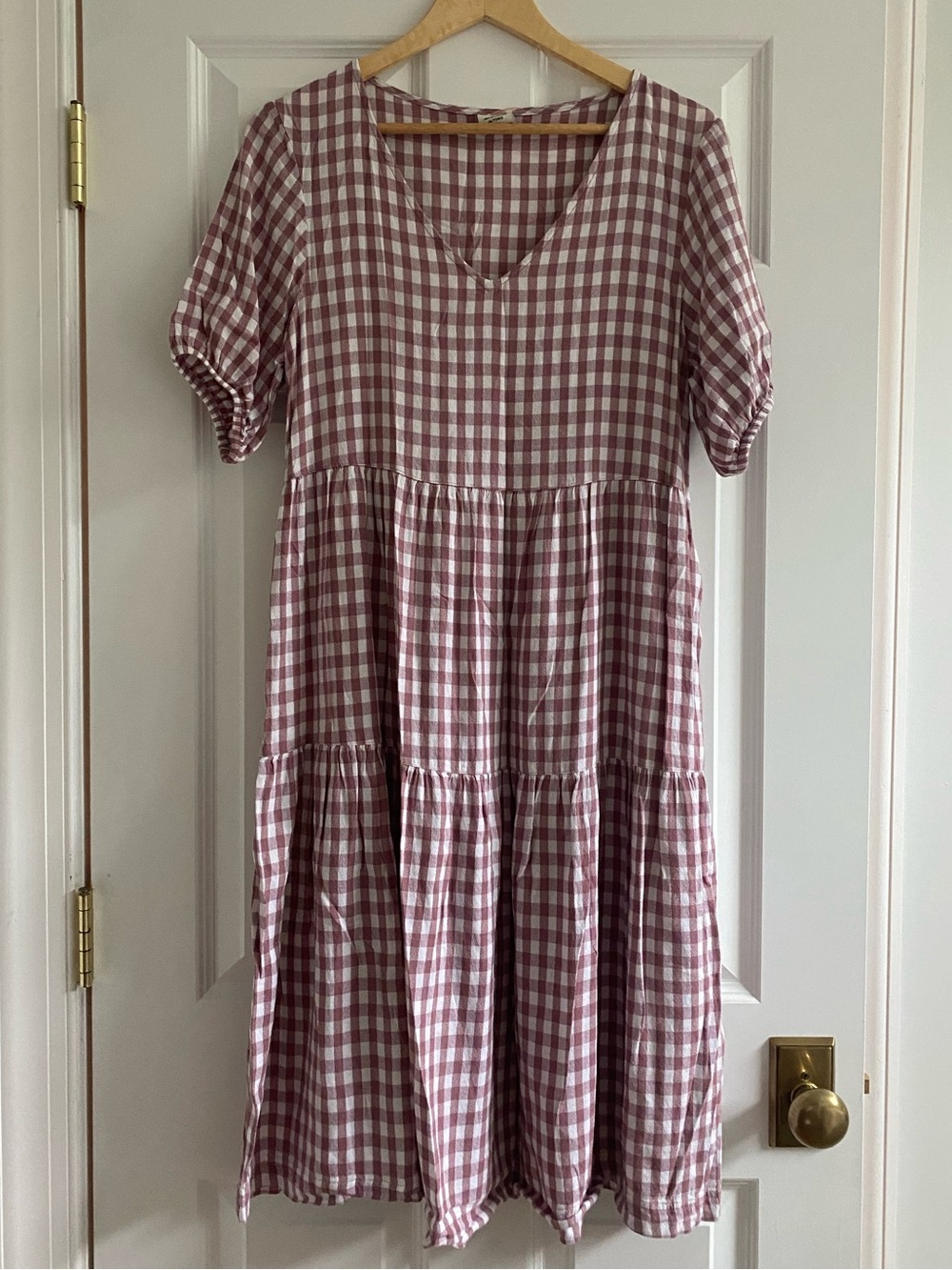 Women’s Gingham Tiered Midi Dress in Mauve & White, Sz 36 (M/L)